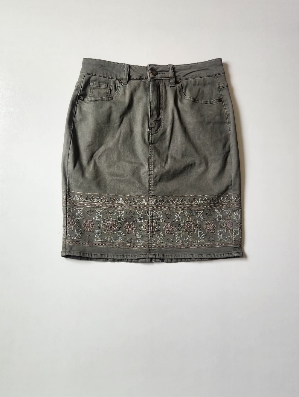 Embroidered Olive Green Cotton Skirt